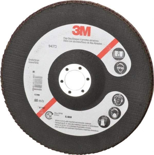 3M - 80 Grit, 7" Disc Diam, 7/8" Center Hole, Type 27 Ceramic Flap Disc - 8,600 Max RPM, Cloth Backing, Arbor Attaching System, Coated - Americas Industrial Supply