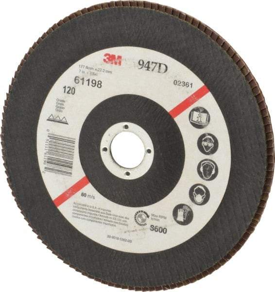 3M - 120 Grit, 7" Disc Diam, 7/8" Center Hole, Type 27 Ceramic Flap Disc - 8,600 Max RPM, Cloth Backing, Arbor Attaching System, Coated - Americas Industrial Supply