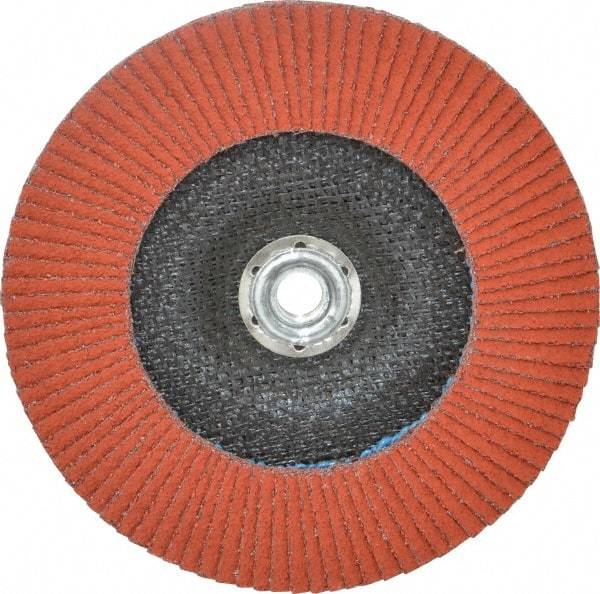 3M - 40 Grit, 7" Disc Diam, 5/8-11 Center Hole, Type 27 Ceramic Flap Disc - 8,600 Max RPM, Cloth Backing, Arbor Attaching System, Coated - Americas Industrial Supply