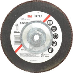 3M - 60 Grit, 7" Disc Diam, 5/8-11 Center Hole, Type 27 Ceramic Flap Disc - 8,600 Max RPM, Cloth Backing, Arbor Attaching System, Coated - Americas Industrial Supply