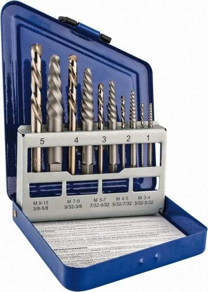 Irwin - 10 Piece Spiral Flute Screw Extractor & Drill Set - Screw Range 3/16 to 3/4" - Americas Industrial Supply