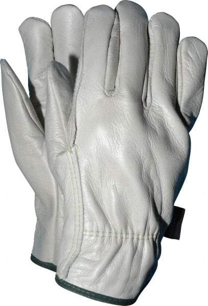 MCR Safety - Size M (8) Grain Cowhide General Protection Work Gloves - For Work & Driver, Uncoated, Slip-On Cuff, Full Fingered, Cream/Green, Paired - Americas Industrial Supply