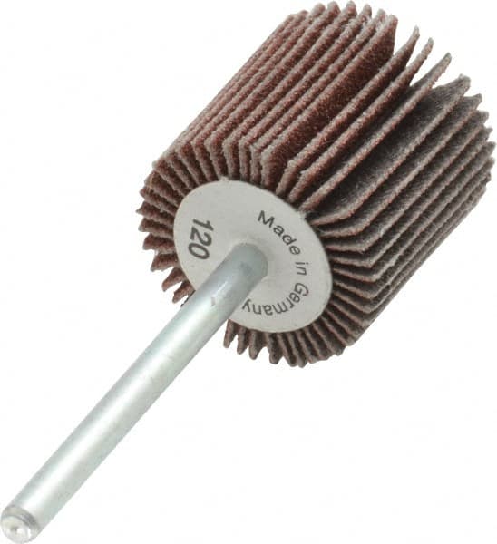 Value Collection - 3/4" Diam x 3/4" Face Width, Fine Aluminum Oxide Coated Mounted Flap Wheel - 1/8" Shank Mount, 120 Grit, X Weighted Cloth Backing, 35,000 Max RPM - Americas Industrial Supply