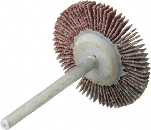Value Collection - 1-3/16" Diam x 1/8" Face Width, Fine Aluminum Oxide Coated Mounted Flap Wheel - 1/8" Shank Mount, 120 Grit, X Weighted Cloth Backing, 30,000 Max RPM - Americas Industrial Supply