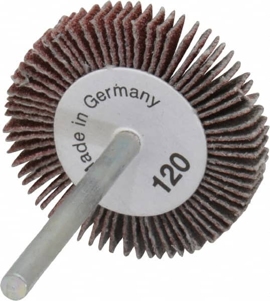 Value Collection - 1-3/16" Diam x 3/16" Face Width, Fine Aluminum Oxide Coated Mounted Flap Wheel - 1/8" Shank Mount, 120 Grit, X Weighted Cloth Backing, 30,000 Max RPM - Americas Industrial Supply