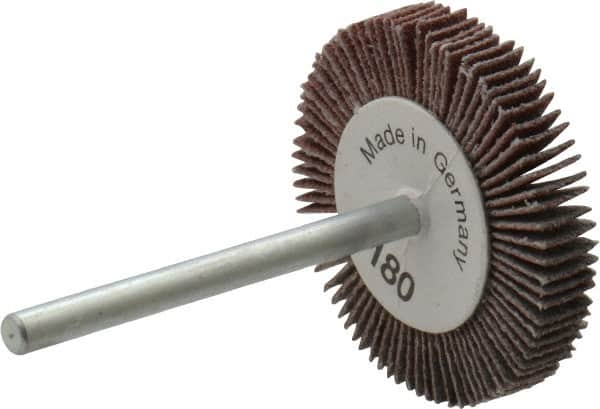 Value Collection - 1-3/16" Diam x 3/16" Face Width, Very Fine Aluminum Oxide Coated Mounted Flap Wheel - 1/8" Shank Mount, 180 Grit, X Weighted Cloth Backing, 30,000 Max RPM - Americas Industrial Supply