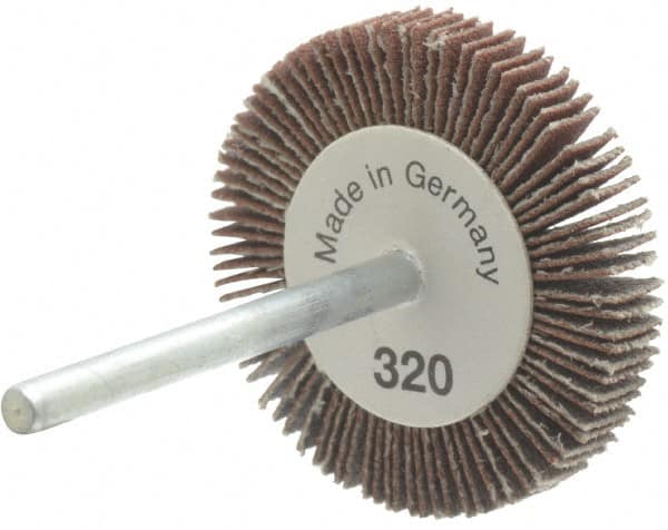 Value Collection - 1-3/16" Diam x 3/16" Face Width, Extra Fine Aluminum Oxide Coated Mounted Flap Wheel - 1/8" Shank Mount, 320 Grit, X Weighted Cloth Backing, 30,000 Max RPM - Americas Industrial Supply