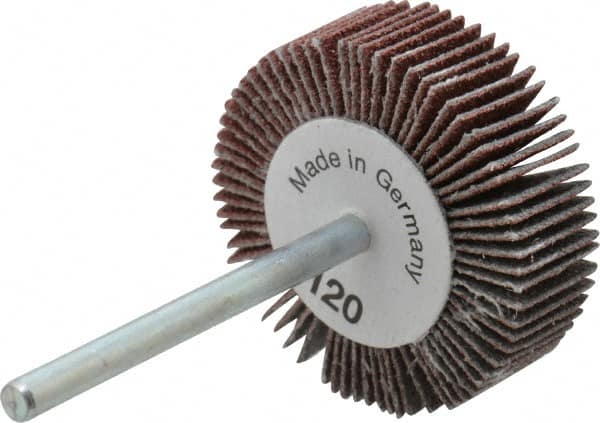 Value Collection - 1-3/16" Diam x 3/8" Face Width, Fine Aluminum Oxide Coated Mounted Flap Wheel - 1/8" Shank Mount, 120 Grit, X Weighted Cloth Backing, 30,000 Max RPM - Americas Industrial Supply