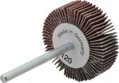 Value Collection - 1-3/16" Diam x 3/8" Face Width, Fine Aluminum Oxide Coated Mounted Flap Wheel - 1/8" Shank Mount, 120 Grit, X Weighted Cloth Backing, 30,000 Max RPM - Americas Industrial Supply