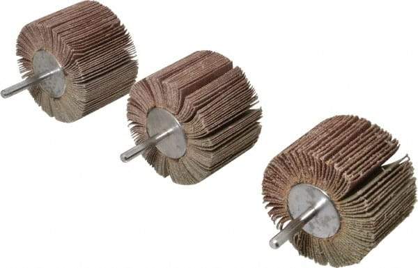 Value Collection - 3 Piece Abrasive Flap Sanding Wheel Kit - 60, 80 & 120 Grit, Medium & Fine Grade, 3" Diam x 2" Width x 1/4" Shank Diam - Americas Industrial Supply