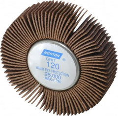 Norton - 2" Diam x 1/2" Face Width, Fine Aluminum Oxide Coated Mounted Flap Wheel - 1/4-20 Threaded Mount, 120 Grit, Cloth Backing, 23,000 Max RPM - Americas Industrial Supply