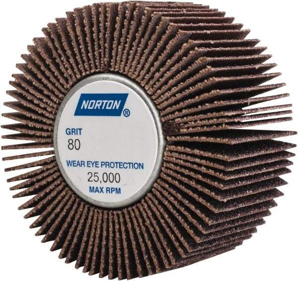 Norton - 2" Diam x 1" Face Width, Medium Aluminum Oxide Coated Mounted Flap Wheel - 1/4-20 Threaded Mount, 80 Grit, Cloth Backing, 23,000 Max RPM - Americas Industrial Supply