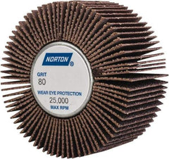 Norton - 2" Diam x 1" Face Width, Medium Aluminum Oxide Coated Mounted Flap Wheel - 1/4-20 Threaded Mount, 80 Grit, Cloth Backing, 23,000 Max RPM - Americas Industrial Supply