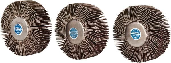 Value Collection - 3 Piece Abrasive Flap Sanding Wheel Kit - 60, 80 & 120 Grit, Medium & Fine Grade, 3" Diam x 1" Wide x 1/4" Shank Diam - Americas Industrial Supply