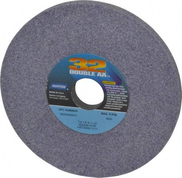 Norton - 7" Diam x 1-1/4" Hole x 1/2" Thick, I Hardness, 46 Grit Surface Grinding Wheel - Aluminum Oxide, Type 1, Coarse Grade, 3,600 Max RPM, Vitrified Bond, No Recess - Americas Industrial Supply