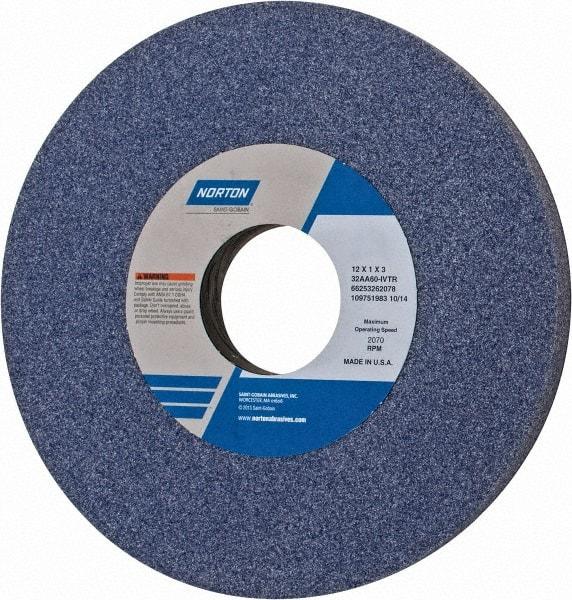 Norton - 12" Diam x 3" Hole x 1" Thick, I Hardness, 60 Grit Surface Grinding Wheel - Aluminum Oxide, Type 1, Medium Grade, 2,070 Max RPM, Vitrified Bond, No Recess - Americas Industrial Supply