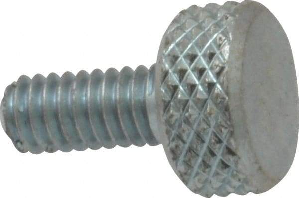 Electro Hardware - #8-32 Knurled Shoulderless Brass Thumb Screw - 9/16" OAL, 3/8" Head Diam x 3/16" Head Height, Zinc-Plated Finish - Americas Industrial Supply