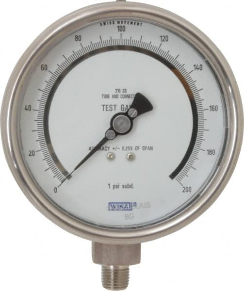 Wika - 4" Dial, 1/4 Thread, 0-200 Scale Range, Pressure Gauge - Lower Connection Mount, Accurate to 0.25% of Scale - Americas Industrial Supply