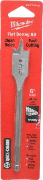 Milwaukee Tool - 3/4", 1/4" Straight Shank, Bright Finish, Carbon Steel, Spade Blade Drill Bit - 2 Spurs, 6-3/8" Overall Length, Wire Fishing Hole - Americas Industrial Supply