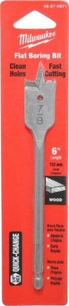 Milwaukee Tool - 7/8", 1/4" Straight Shank, Bright Finish, Carbon Steel, Spade Blade Drill Bit - 2 Spurs, 6-3/8" Overall Length, Wire Fishing Hole - Americas Industrial Supply