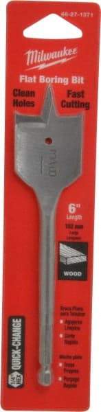 Milwaukee Tool - 1-3/8", 1/4" Straight Shank, Bright Finish, Carbon Steel, Spade Blade Drill Bit - 2 Spurs, 6-3/8" Overall Length, Wire Fishing Hole - Americas Industrial Supply