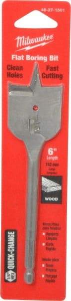 Milwaukee Tool - 1-1/2", 1/4" Straight Shank, Bright Finish, Carbon Steel, Spade Blade Drill Bit - 2 Spurs, 6-3/8" Overall Length, Wire Fishing Hole - Americas Industrial Supply
