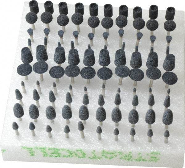 Grier Abrasives - 100 Piece Aluminum Oxide Vitrified Mounted Stone Abrasive Point Set - Includes Shapes B44, B52, B53, B55, B71, B91, B97, B105, B121 & B132 - Americas Industrial Supply