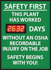 NMC - Safety First - This Plant Has Worked ___ Days without an OSHA Recordable Injury - On the Job Safety Begins with You!, 20 Inch Wide x 28 Inch High, Plastic Styrene Sign - Exact Industrial Supply