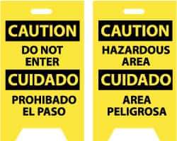 NMC - Caution - Do Not Enter, Caution - Hazardous Area, 12" Wide x 19" High, Plastic Floor Sign - English/Spanish, A-Frame, Black on Yellow, For Security & Admittance - Americas Industrial Supply