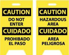 NMC - Caution - Do Not Enter, Caution - Hazardous Area, 12" Wide x 19" High, Plastic Floor Sign - English/Spanish, A-Frame, Black on Yellow, For Security & Admittance - Americas Industrial Supply