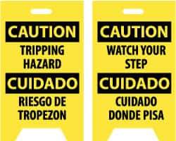 NMC - Caution - Tripping Hazard, Caution - Watch Your Step, 12" Wide x 19" High, Plastic Floor Sign - English/Spanish, A-Frame, Black on Yellow, For Accident Prevention - Americas Industrial Supply