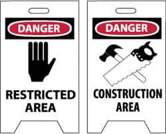 NMC - Danger - Restricted Area, Danger - Construction Area, 12" Wide x 19" High, Plastic Floor Sign - A-Frame, Red & Black on White, For Security & Admittance - Americas Industrial Supply