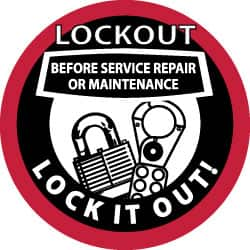 NMC - Lockout Before Service Repair or Maintenance - Lock It Out, Hard Hat Label - Black & Red on White, 2" Thick, For Accident Prevention - Americas Industrial Supply