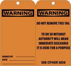 NMC - 3" High x 6" Long, Warning, English Safety & Facility Accident Prevention Tag - Tag Header: Warning, 2 Sides, Black & Orange Unrippable Vinyl - Americas Industrial Supply