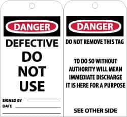NMC - 3" High x 6" Long, DANGER - DEFECTIVE - DO NOT USE, English Safety & Facility Accident Prevention Tag - Tag Header: Danger, 2 Sides, Black, Red & White Unrippable Vinyl - Americas Industrial Supply