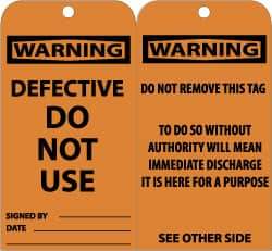 NMC - 3" High x 6" Long, WARNING - DEFECTIVE-DO NOT USE, English Safety & Facility Accident Prevention Tag - Tag Header: Warning, 2 Sides, Black & Orange Unrippable Vinyl - Americas Industrial Supply