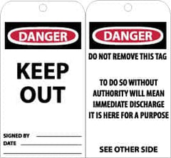 NMC - 3" High x 6" Long, DANGER - KEEP OUT, English Safety & Facility Accident Prevention Tag - Tag Header: Danger, 2 Sides, Black, Red & White Unrippable Vinyl - Americas Industrial Supply