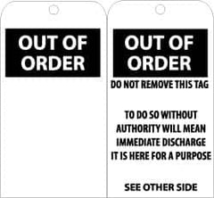 NMC - 3" High x 6" Long, OUT OF ORDER, English Safety & Facility Accident Prevention Tag - Tag Header: Danger, 2 Sides, Black & White Unrippable Vinyl - Americas Industrial Supply