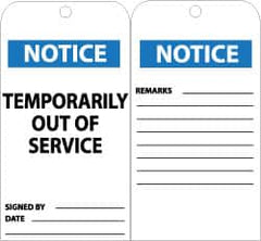 NMC - 3" High x 6" Long, NOTICE - TEMPORARILY OUT OF SERVICE, English Safety & Facility Accident Prevention Tag - Tag Header: Notice, 2 Sides, Black, White & Blue Unrippable Vinyl - Americas Industrial Supply