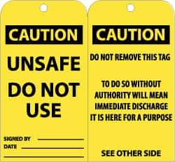 NMC - 3" High x 6" Long, CAUTION - UNSAFE - DO NOT USE, English Safety & Facility Accident Prevention Tag - Tag Header: CAUTION, 2 Sides, Black & Yellow Unrippable Vinyl - Americas Industrial Supply