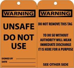 NMC - 3" High x 6" Long, WARNING - UNSAFE DO NOT USE, English Safety & Facility Accident Prevention Tag - Tag Header: Warning, 2 Sides, Black & Orange Unrippable Vinyl - Americas Industrial Supply