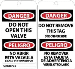 NMC - 3" High x 6" Long, DANGER - DO NOT OPEN THIS VALVE, English & Spanish Safety & Facility Accident Prevention Tag - Tag Header: Danger, 2 Sides, Black, Red & White Unrippable Vinyl - Americas Industrial Supply