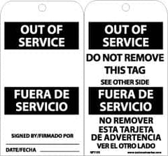 NMC - 3" High x 6" Long, OUT OF SERVICE, English & Spanish Safety & Facility Accident Prevention Tag - Tag Header: Notice, 2 Sides, Black & White Unrippable Vinyl - Americas Industrial Supply