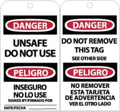 NMC - 3" High x 6" Long, DANGER - UNSAFE DO NOT USE, English & Spanish Safety & Facility Accident Prevention Tag - Tag Header: Danger, 2 Sides, Black, Red & White Unrippable Vinyl - Americas Industrial Supply