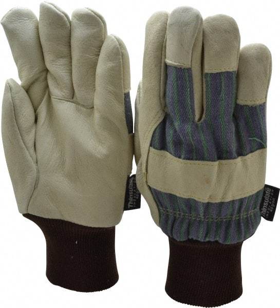 PRO-SAFE - Size L (9) Grain Pigskin Cold Protection Work Gloves - For General Purpose, Uncoated, Knit Wrist Cuff, Full Fingered, White/Blue/Green, Paired - Americas Industrial Supply