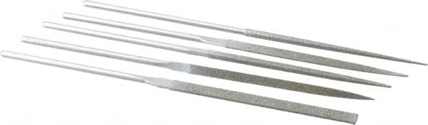 Strauss - 5 Piece Diamond Pattern File Set - 5-1/2" Long, Medium Coarseness, Round Handle, Set Includes Equalling, Half Round, Round, Square, Three Square - Americas Industrial Supply