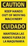 NMC - Accident Prevention Label, Header: CAUTION - Legend: Caution - Keep Hands Out of Moving Machinery, English & Spanish, Black & Yellow, 3" Long x 5" High, Sign Muscle Finish - Americas Industrial Supply