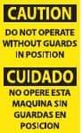 NMC - Accident Prevention Label, Header: CAUTION - Legend: Caution - Do Not Operate without Guards in Position, English & Spanish, Black & Yellow, 3" Long x 5" High, Sign Muscle Finish - Americas Industrial Supply