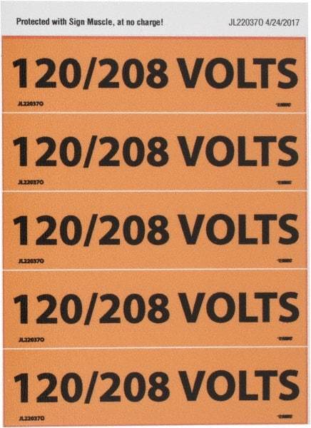 NMC - Electrical Markers Label - Legend: 120/208 Volts, English, Black & Orange, 4-1/2" Long x 1-1/8" High, Sign Muscle Finish - Americas Industrial Supply
