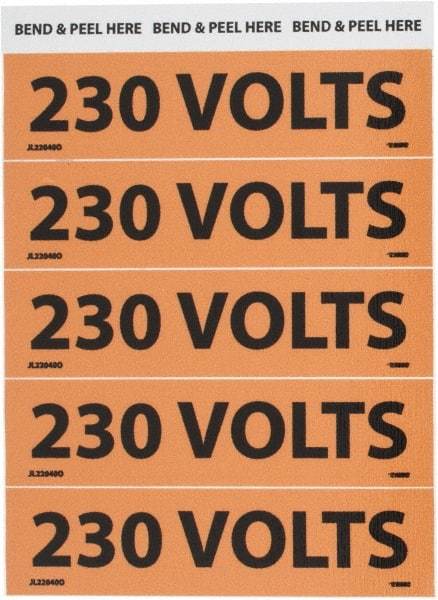 NMC - Electrical Markers Label - Legend: 230 Volts, English, Black & Orange, 4-1/2" Long x 1-1/8" High, Sign Muscle Finish - Americas Industrial Supply